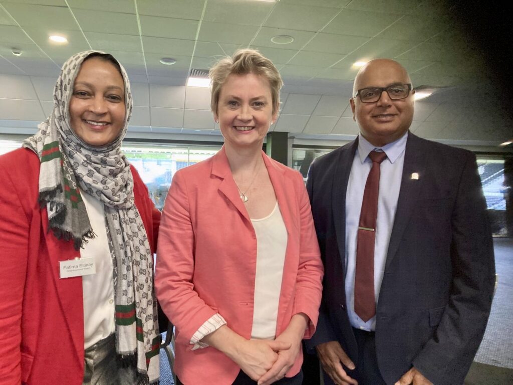 Fatima Eltinay Derbyshire NW with Home Secretary Yveete Cooper at Safer Streets Summer Blitz