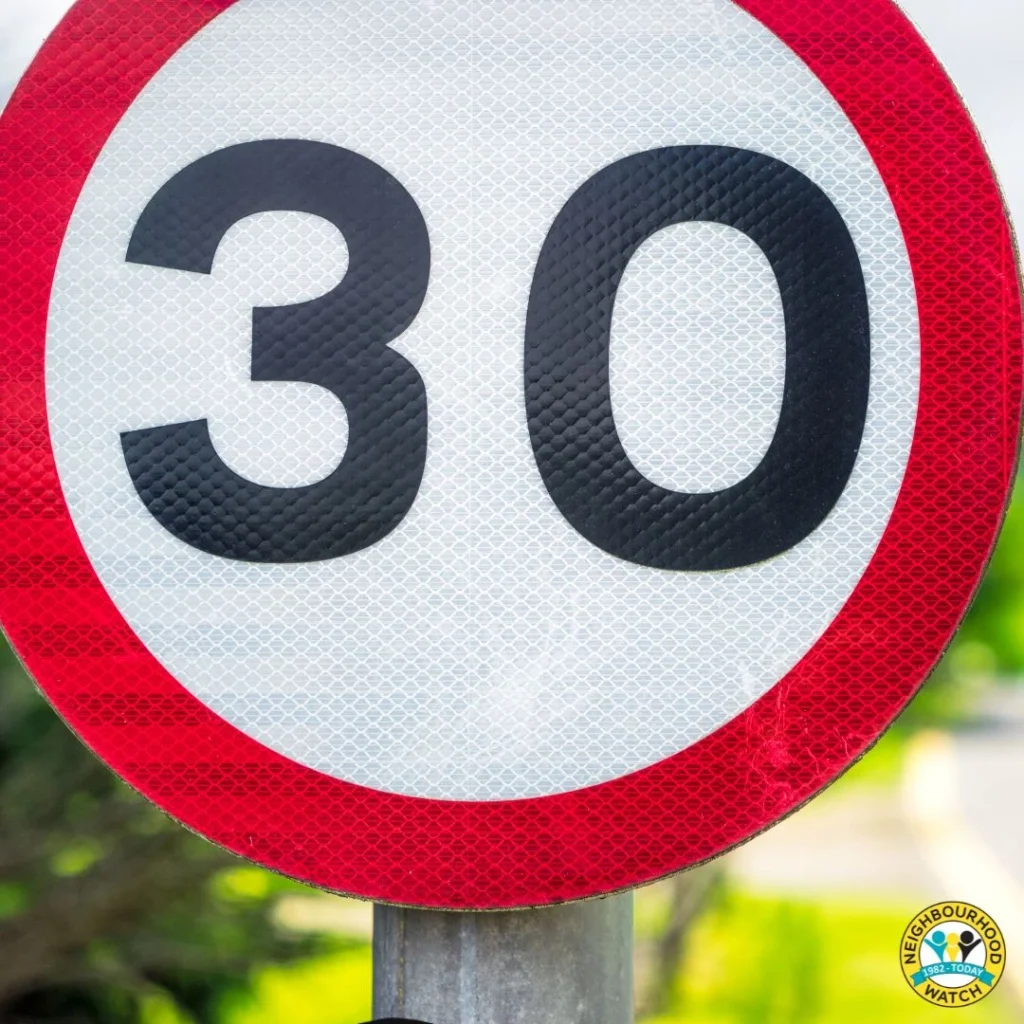 derbyshire speedwatch sign of 30mph road sign with derbyshire neighbourhoodwatch logo on
